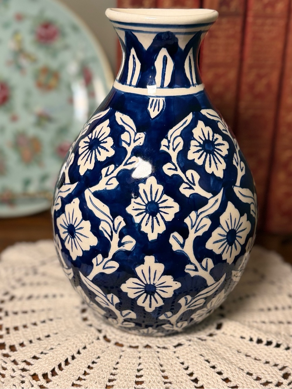 Jaipur Blue Pottery Vase | Hand Painted Floral | 9” | Indian Art Pottery